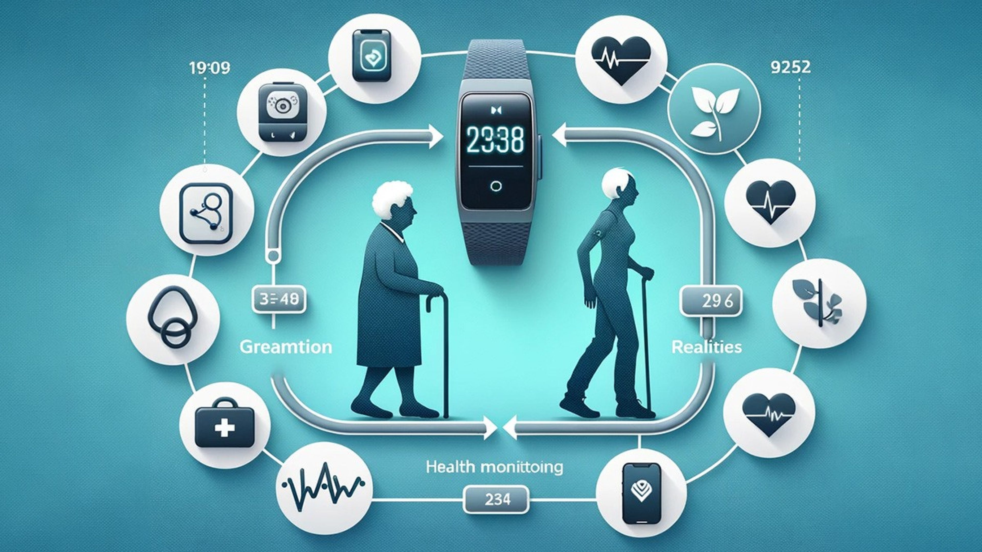 Illustration mit einer alten und einer jungen Frau in der Mitte, darüber eine Uhr und verschiedene Gesundheitsparameter als Icons außen darum angeordnet